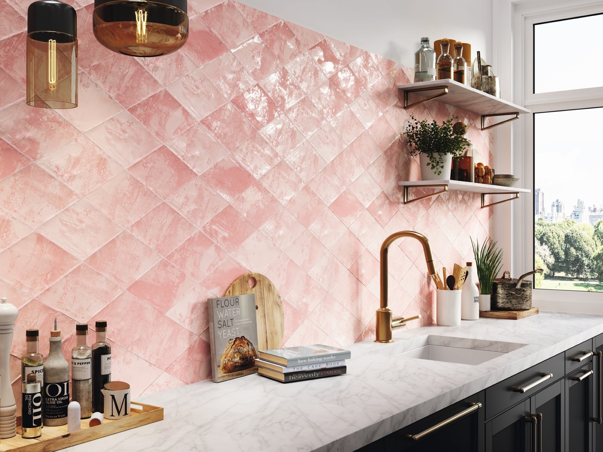Pink tiles in a kitschy kitchen